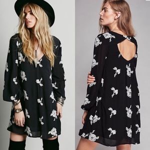 Free People Embroidered Black Floral LS Boho Indie Festival Mini Dress Small